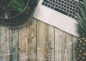 Laptop, pineapple and flower on a wooden desk. Illustrative