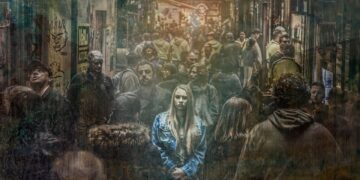 Woman in a crowd. Illustrative
