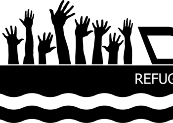 Boat with refugees. Illustrative