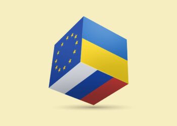 Cube with EU, Russian and Ukrainian flags
