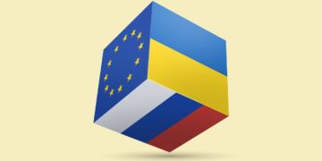 Cube with EU, Russian and Ukrainian flags