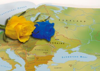 Map of Europe with blue and yellow roses