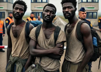 Three migrants on the border crossing