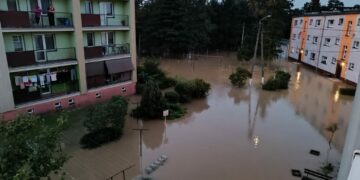 Flooded buildings in Lewin Brzeski